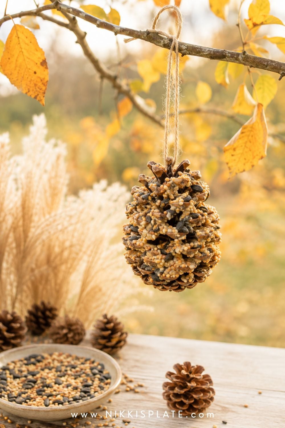 Pinecone bird feeder covered with birdseed and hanging by natural twine from an autumn tree branch.