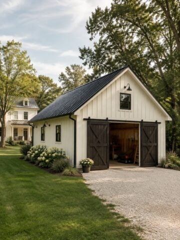 White pole barn storage building with black doors and organized backyard landscaping.