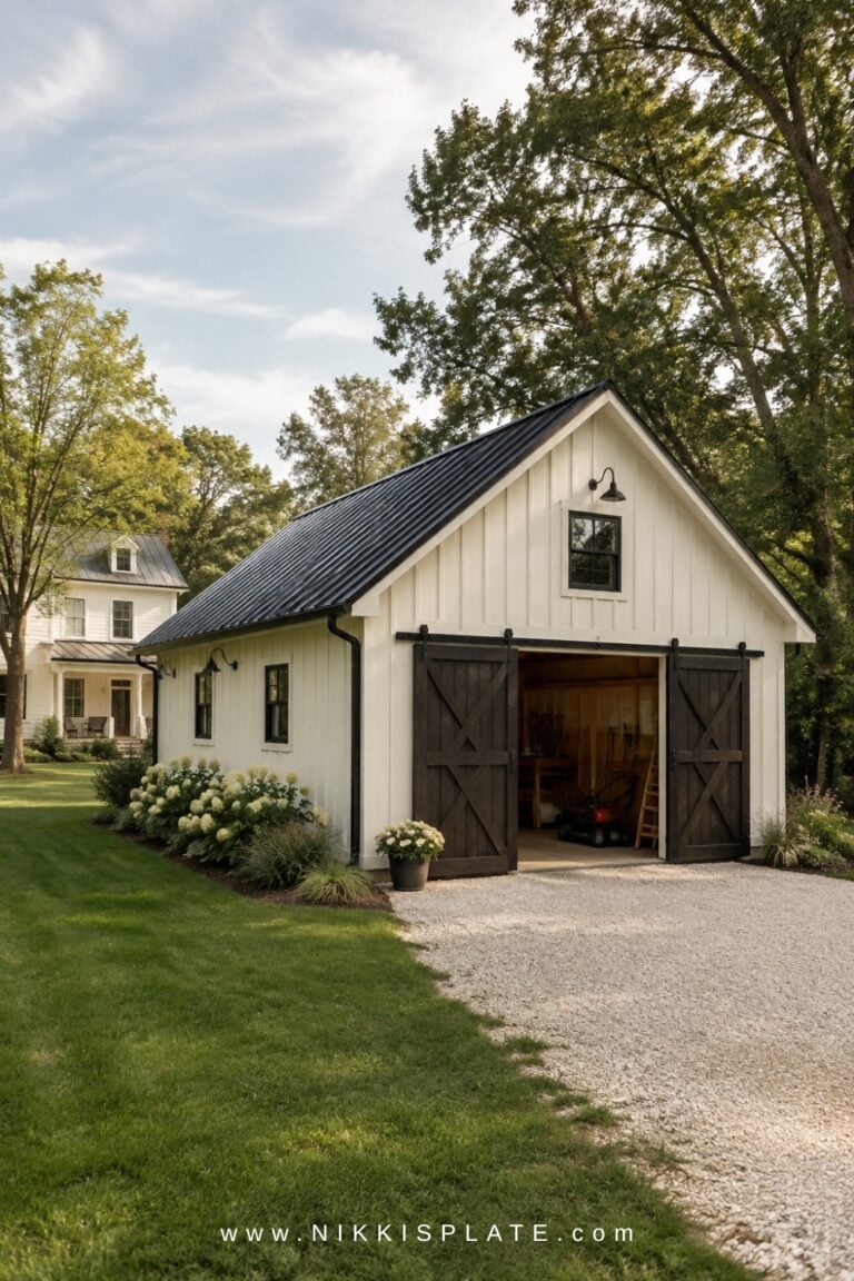 White pole barn storage building with black doors and organized backyard landscaping.