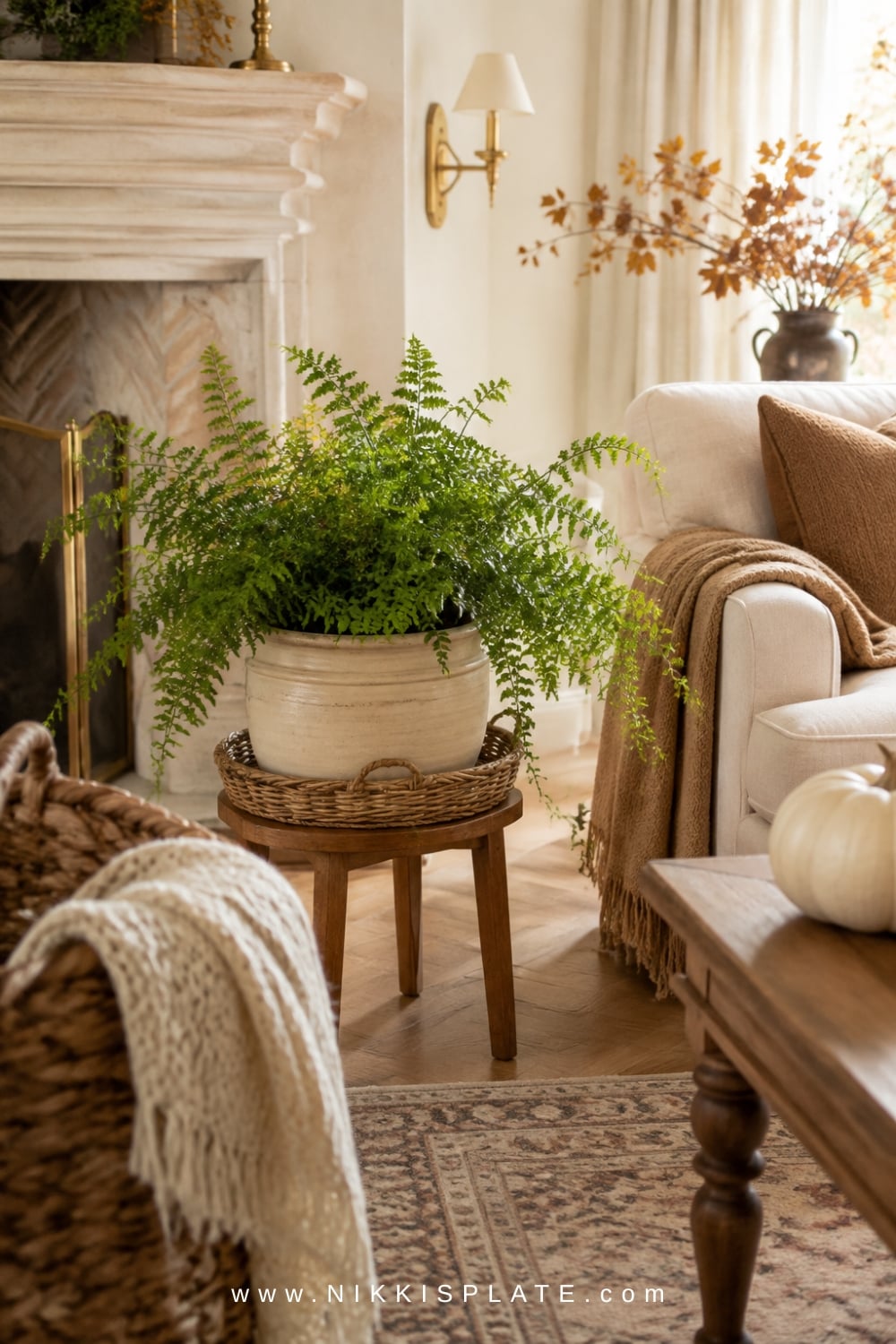 Deep green potted fern in an aged cream pot and woven basket beside a neutral farmhouse fireplace.