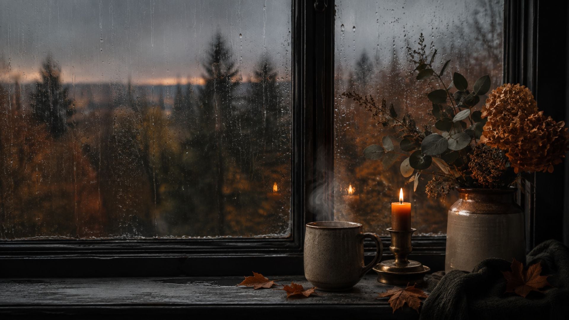 Moody fall desktop wallpaper featuring a rain-streaked window, steaming mug, glowing candle and dried hydrangeas overlooking an autumn forest.