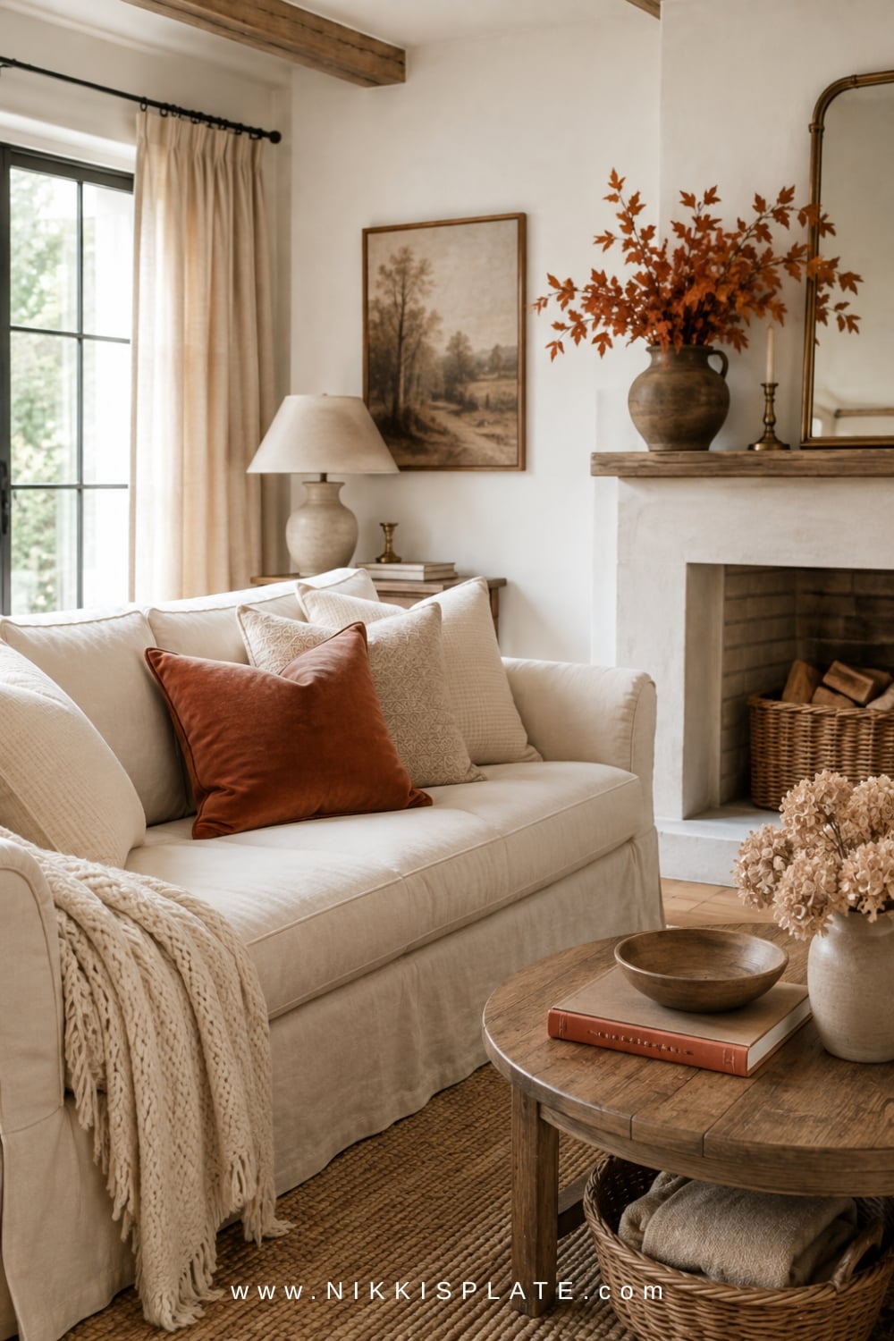 Airy cream living room repeating muted rust in a velvet pillow, fall branches and a vintage coffee table book.