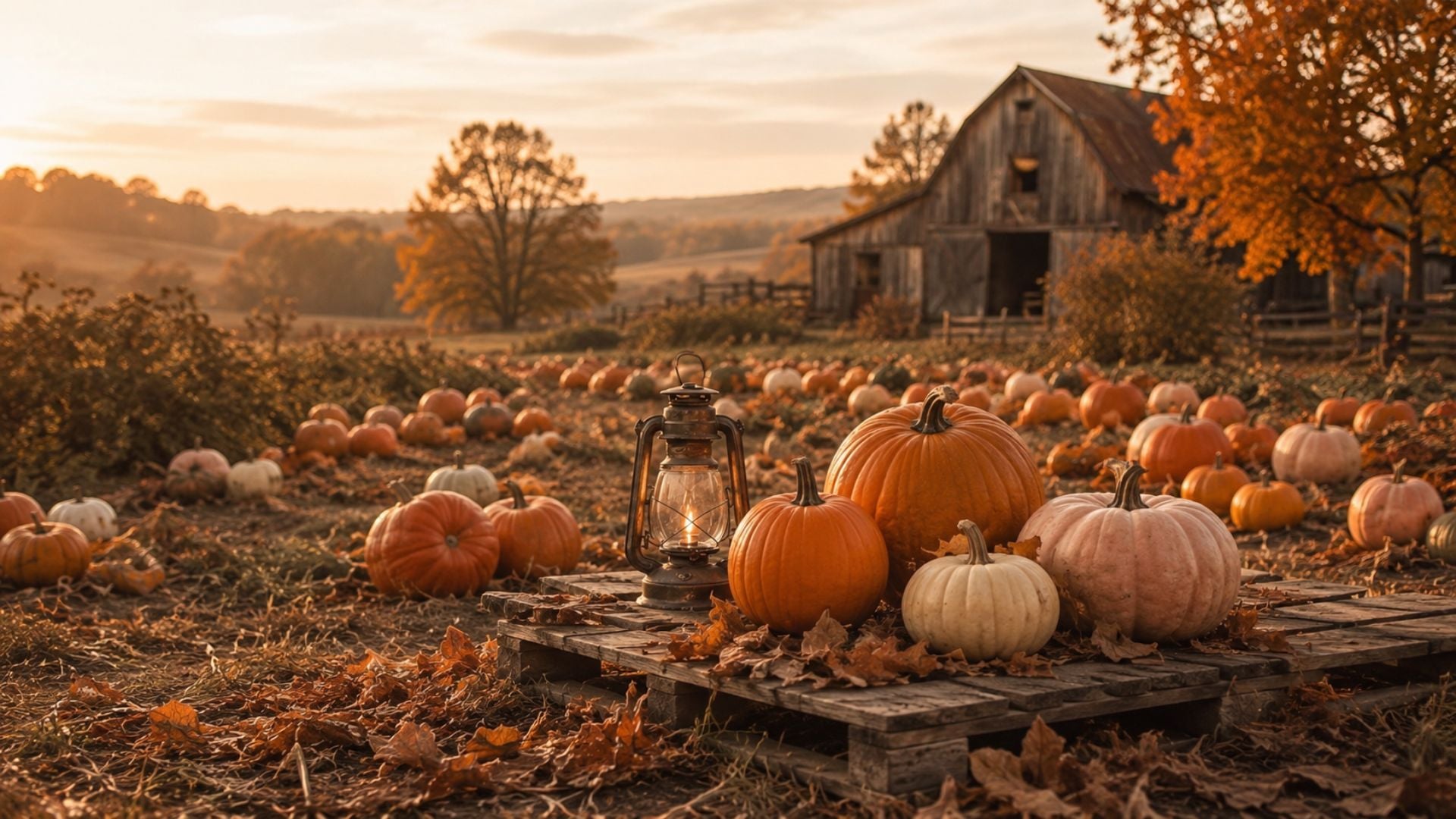 Autumn desktop wallpaper featuring a rustic pumpkin patch, glowing lantern and weathered barn at golden sunset.