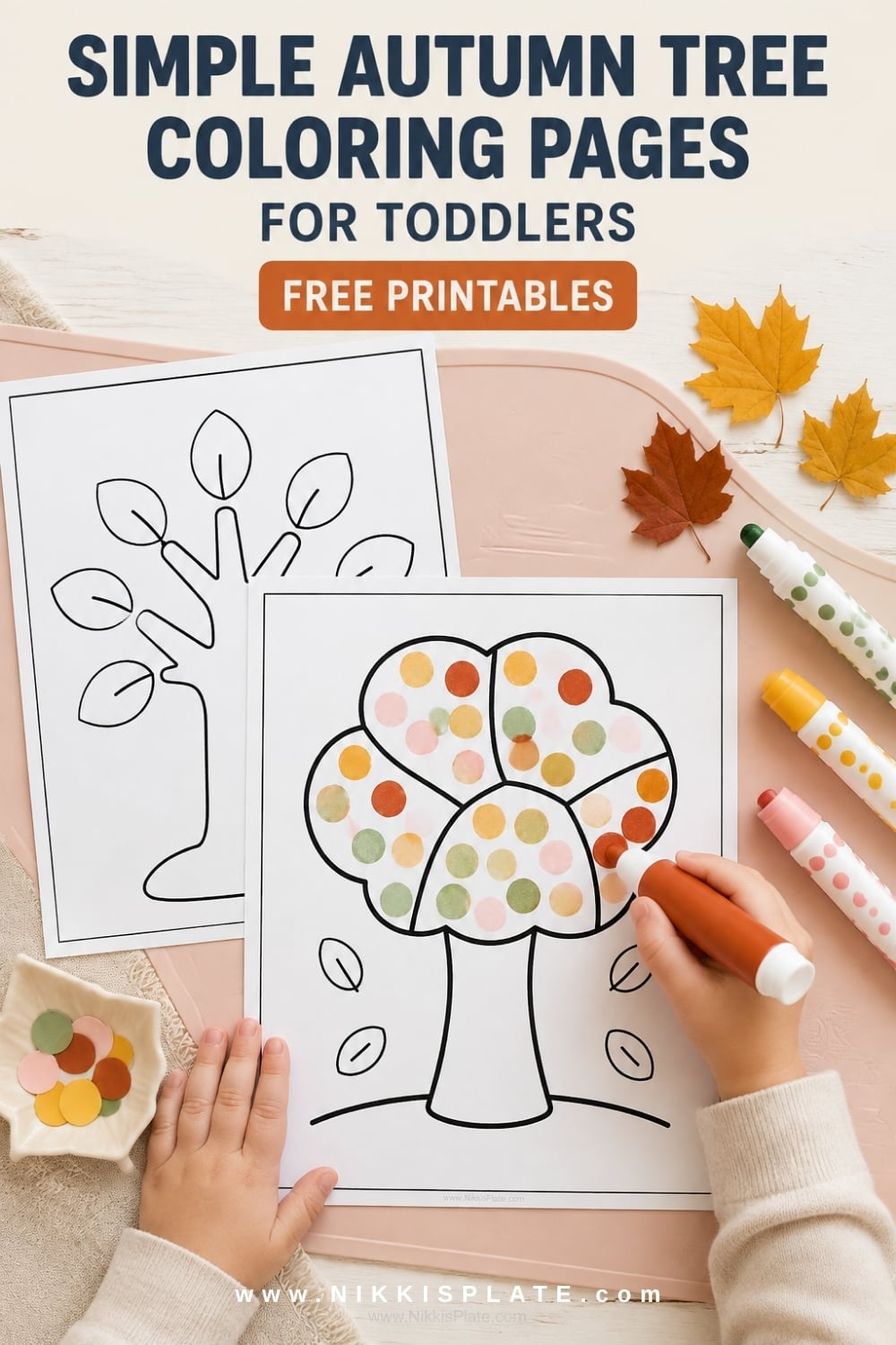 simple autumn tree coloring page for toddlers with a thick trunk and large fall leaves.