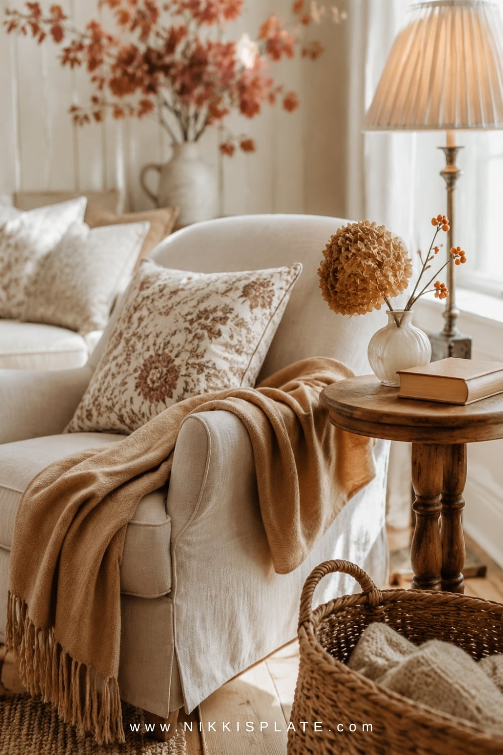 Small vase of dried hydrangea and berry stems on a wood table beside a cozy linen reading chair.