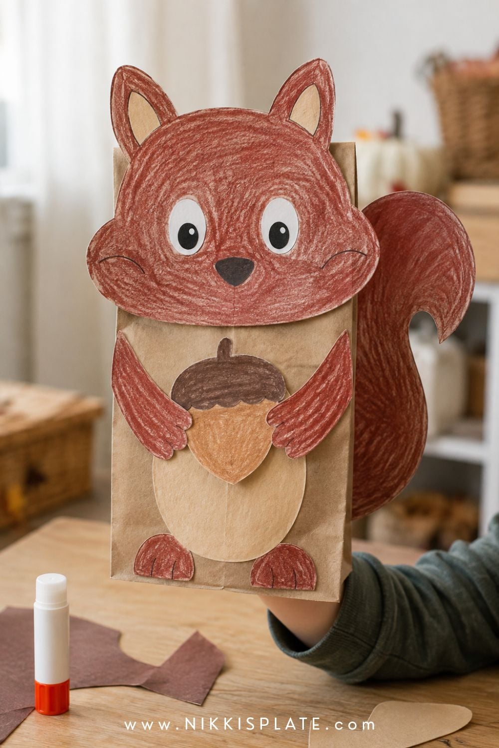 Child holding a finished printable squirrel paper bag puppet with a curled tail and paper acorn.