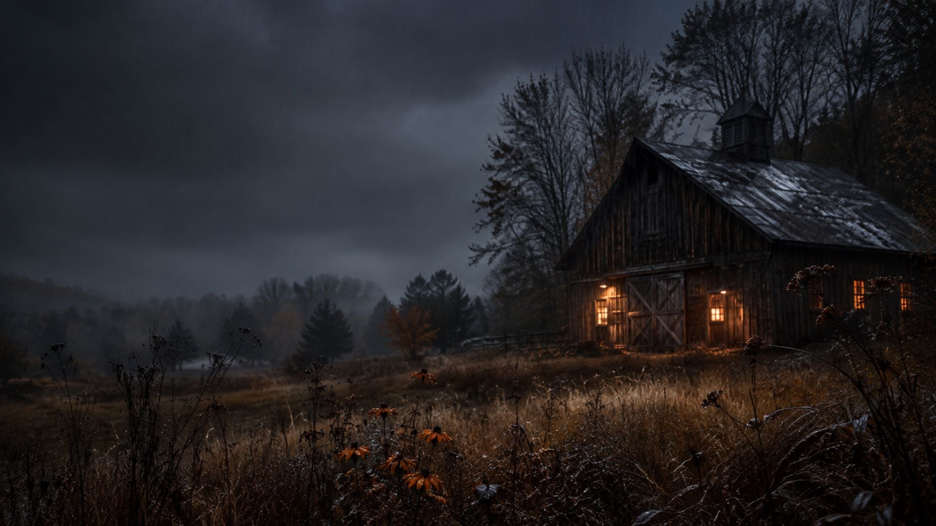 Moody autumn desktop wallpaper featuring a rustic barn glowing beneath dark storm clouds in a quiet fall meadow.