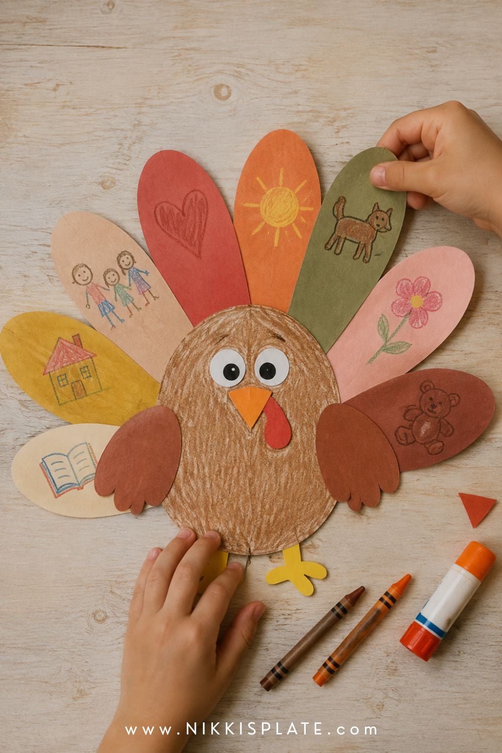 Child adding a colourful paper feather to a printable thankful turkey craft decorated with simple gratitude drawings.