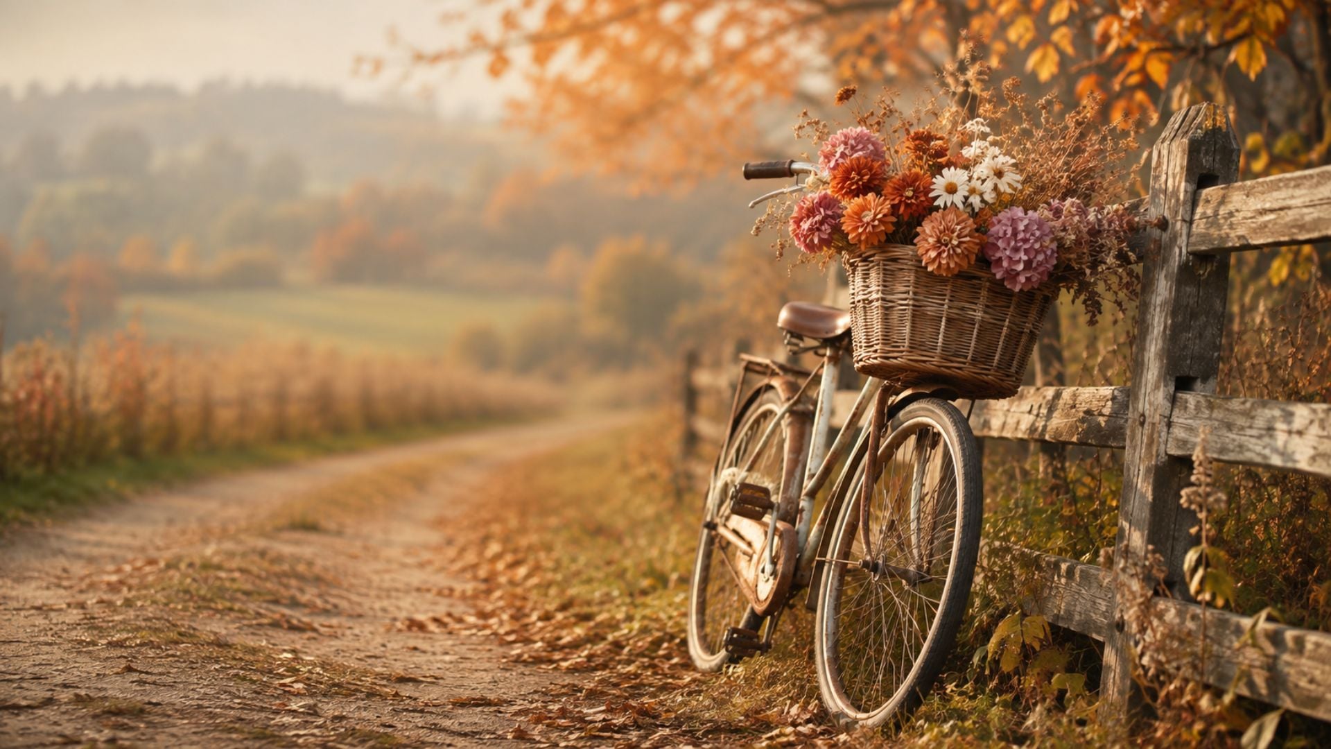Cottagecore fall desktop wallpaper featuring a vintage bicycle with a flower-filled basket beside a rustic country fence.