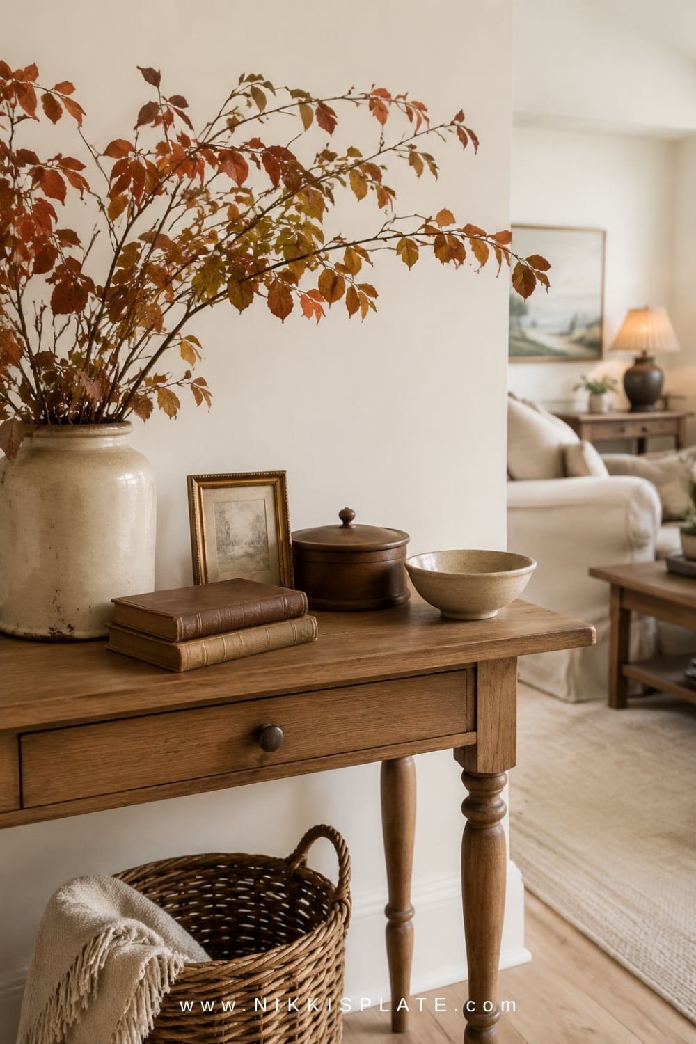 Collected cream pottery, worn books, aged brass and warm wood pieces styled on a farmhouse console table.