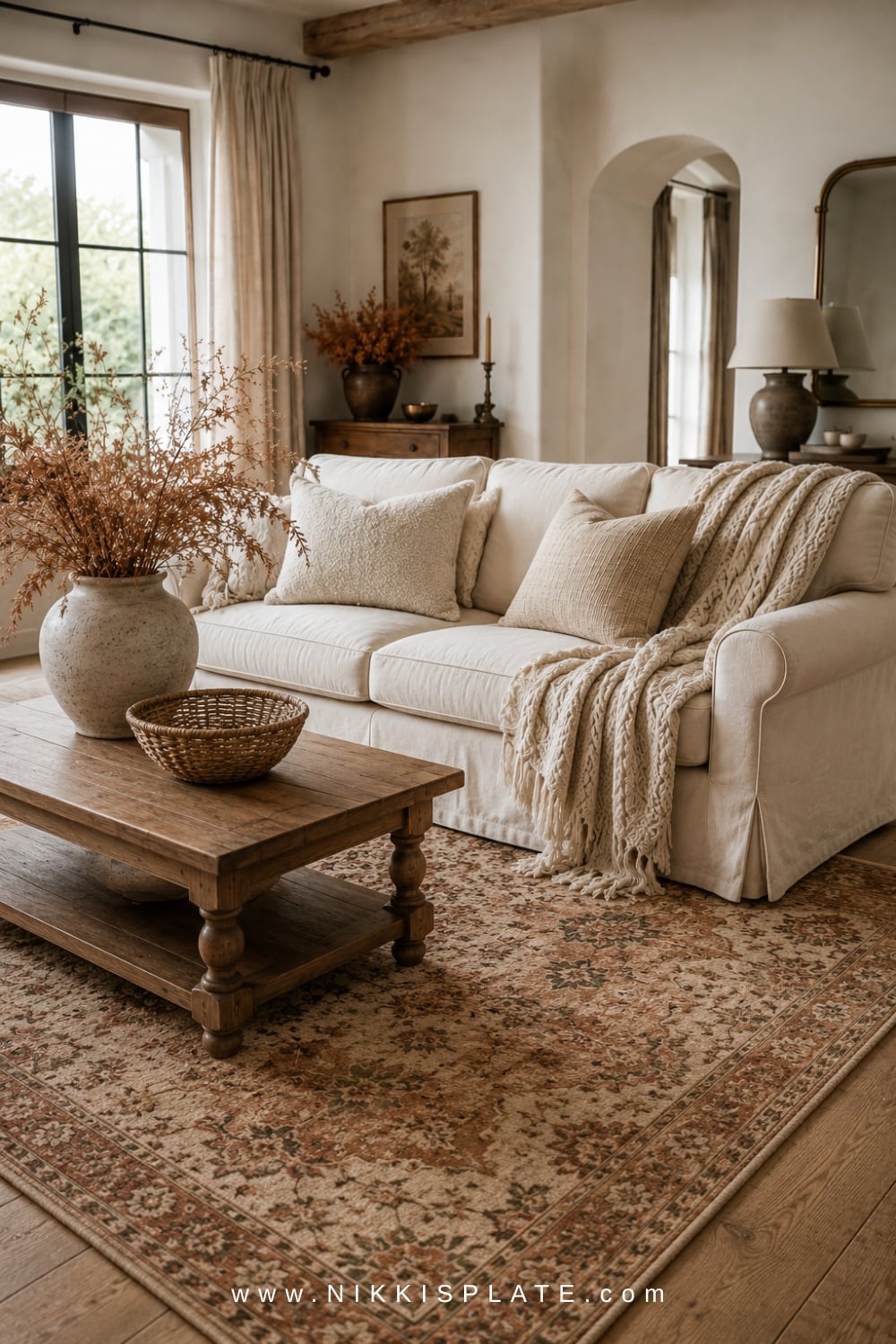 Faded vintage-style rug in beige, rust, olive and blush warming a neutral farmhouse living room.