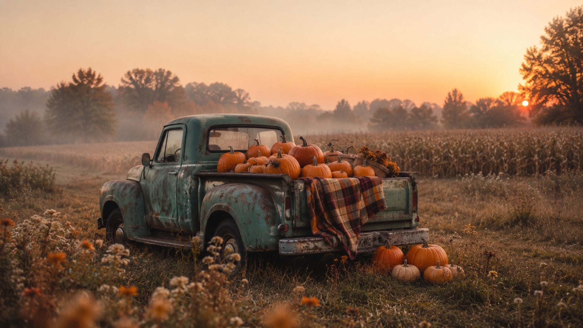 Fall desktop wallpaper featuring a vintage blue pickup truck filled with pumpkins beside a cornfield at golden sunset.