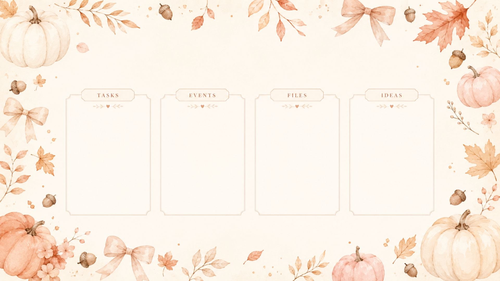Cute fall desktop organizer wallpaper featuring sections for tasks, events, files and ideas framed by watercolor pumpkins, bows and autumn leaves.