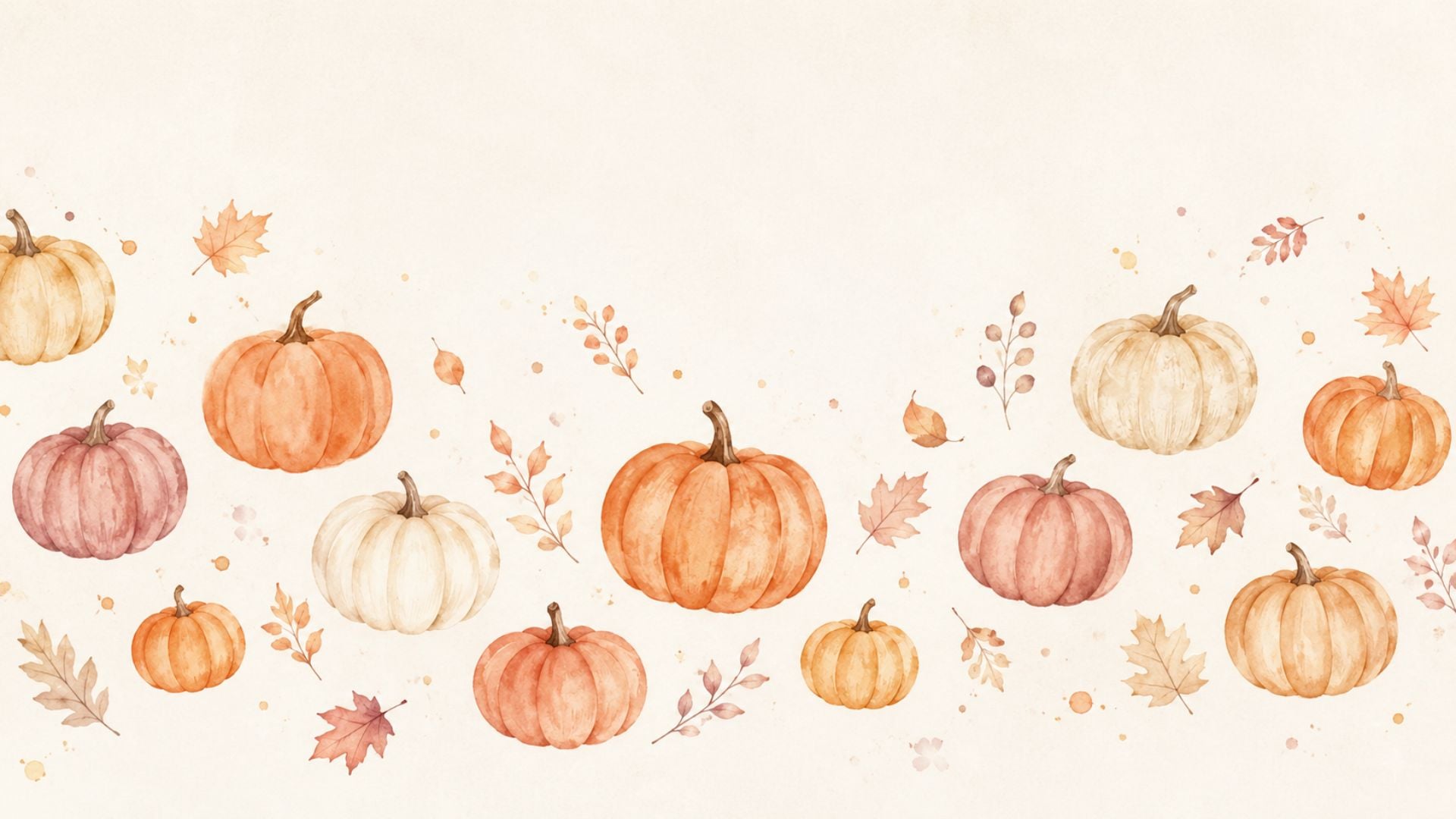 Watercolor fall desktop wallpaper featuring soft orange, blush and cream pumpkins with delicate autumn leaves.