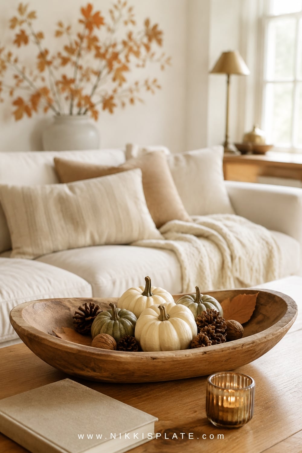 Hand-carved wood bowl filled with cream pumpkins, pinecones, walnuts and curled rust leaves on an oak coffee table.