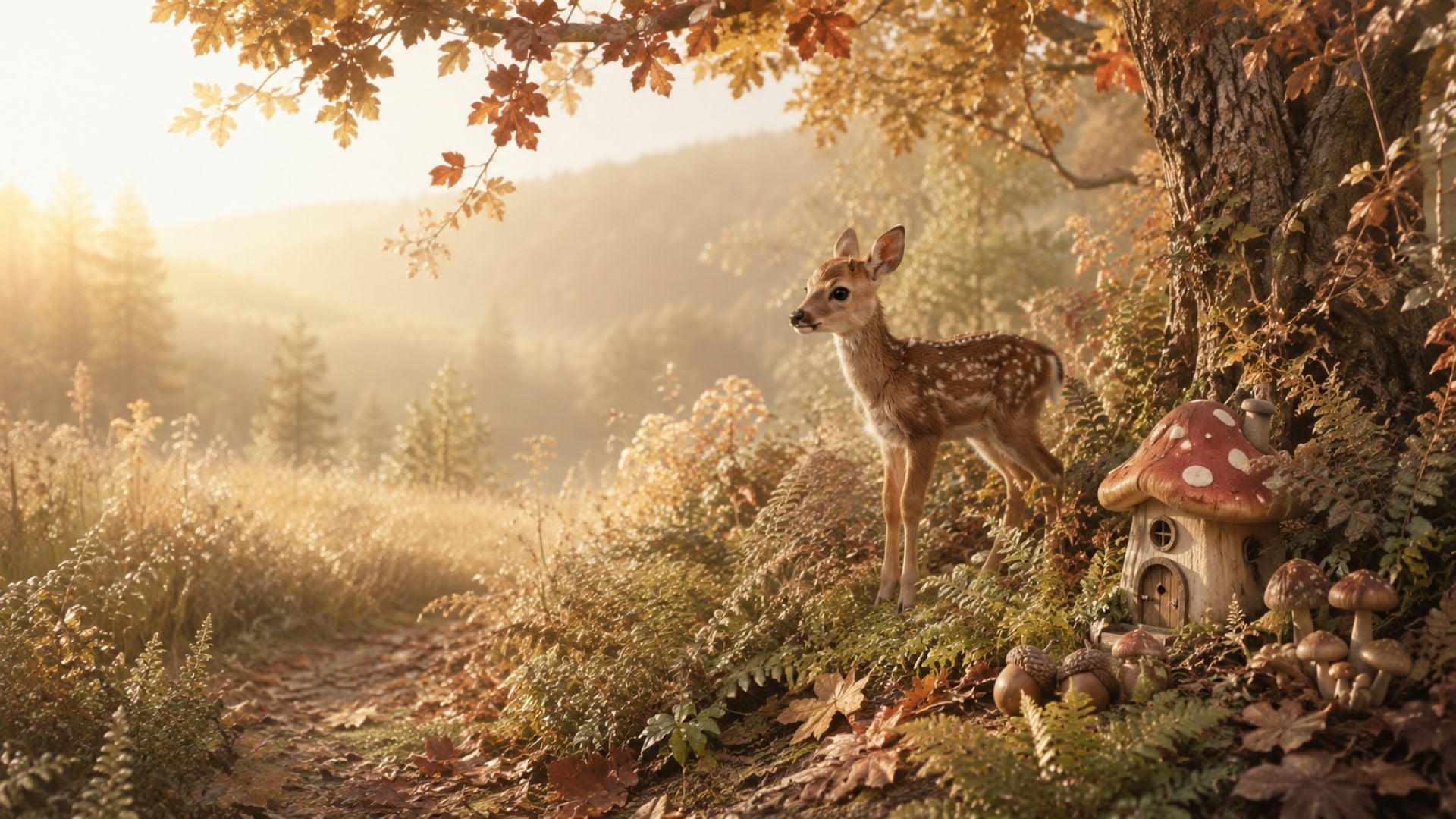 Cute fall desktop wallpaper featuring a woodland fawn beside a whimsical mushroom cottage beneath a golden autumn tree.