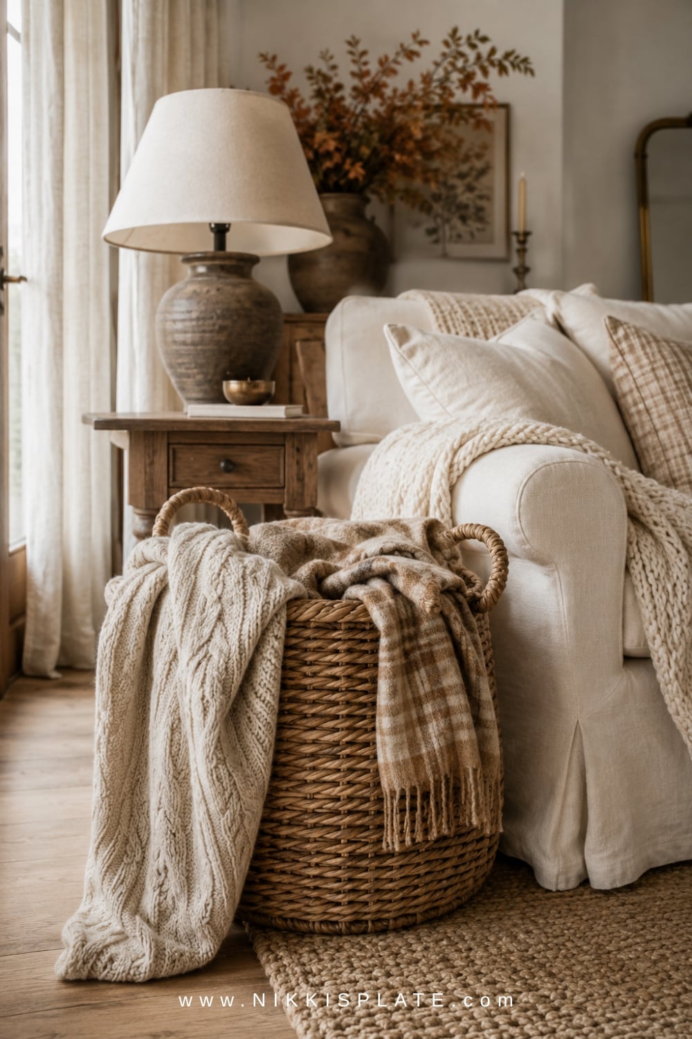Large wicker basket beside a cream sofa filled with oatmeal knit and muted camel plaid fall blankets.