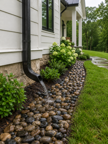 River rock drainage channel directing rainwater away from a farmhouse foundation.