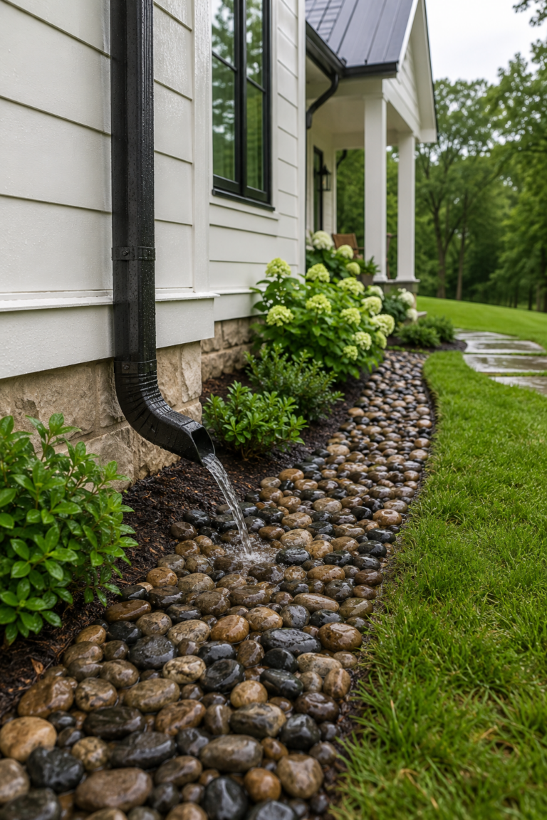 River rock drainage channel directing rainwater away from a farmhouse foundation.