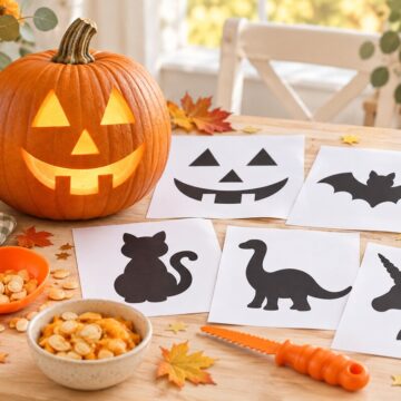 15 free pumpkin carving stencils for kids displayed beside a glowing jack-o'-lantern, including printable bat, cat, dinosaur, and unicorn designs.