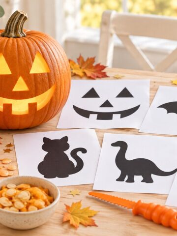15 free pumpkin carving stencils for kids displayed beside a glowing jack-o’-lantern, including printable bat, cat, dinosaur, and unicorn designs.