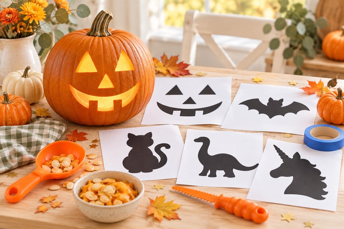 15 free pumpkin carving stencils for kids displayed beside a glowing jack-o'-lantern, including printable bat, cat, dinosaur, and unicorn designs.