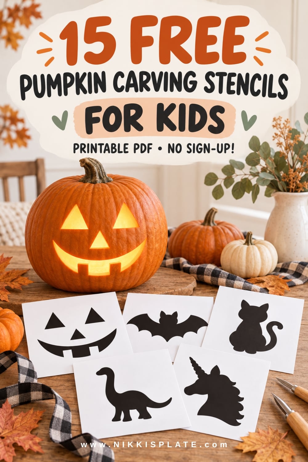 Glowing jack-o'-lantern with five free printable pumpkin carving stencils for kids, including a bat, cat, dinosaur and unicorn.