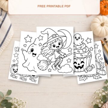 25 cute Halloween coloring pages to print with friendly ghosts, pumpkins, cats, bats, witches and candy.