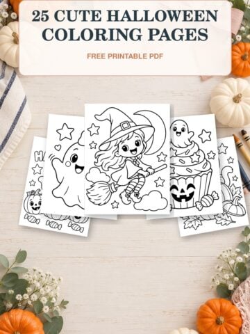 25 cute Halloween coloring pages to print with friendly ghosts, pumpkins, cats, bats, witches and candy.