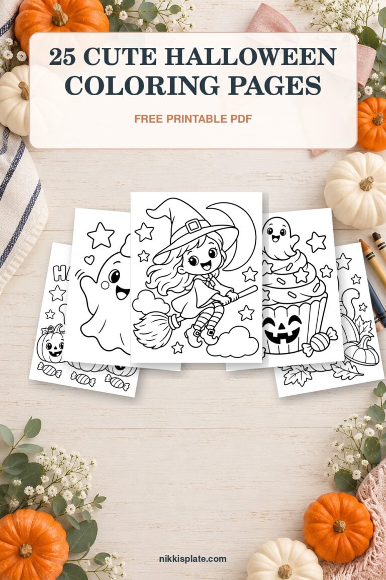25 cute Halloween coloring pages to print with friendly ghosts, pumpkins, cats, bats, witches and candy.