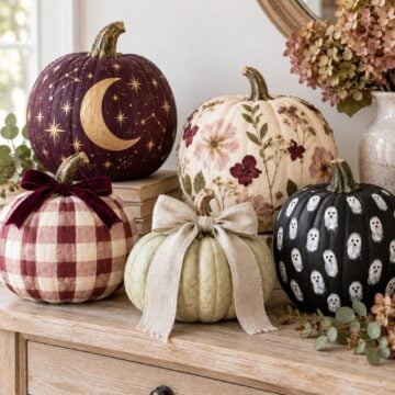 Collection of painted, floral, bow and kid-friendly no-carve pumpkins for fall and Halloween.