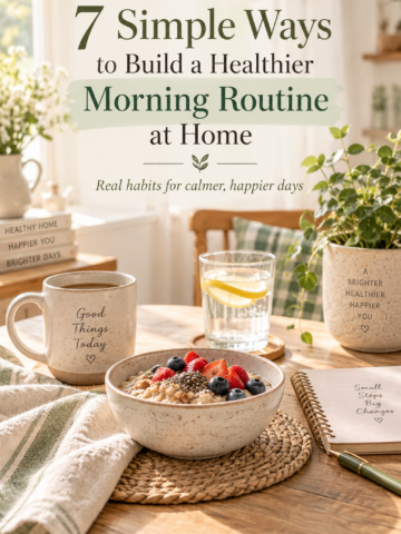 Healthy morning routine at home with 7 easy habits including natural light, breakfast, hydration, movement and less screen time.