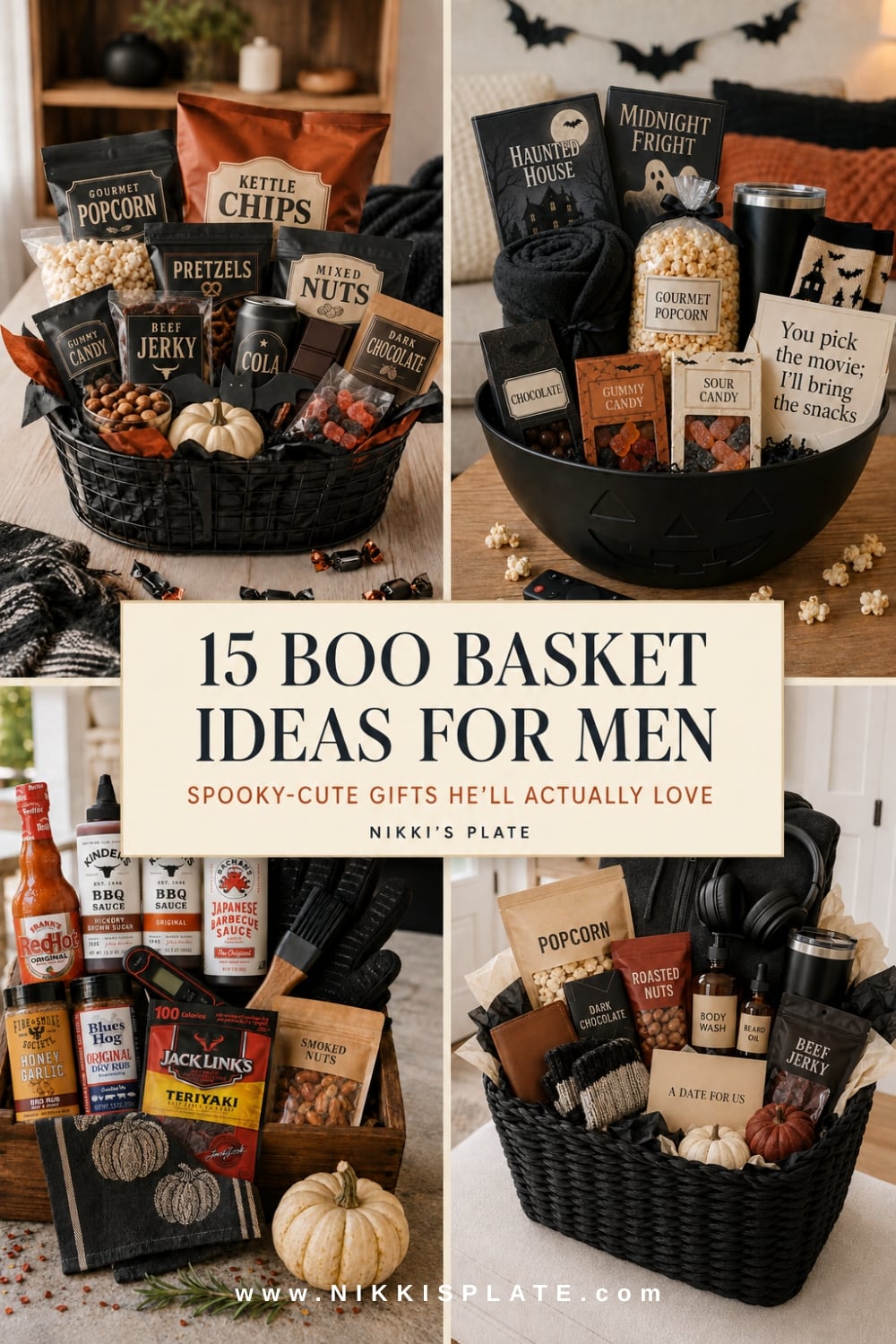Need a cute boo basket for men? These 15 spooky basket ideas for him are packed with snacks, coffee, cozy gifts, grooming essentials, sports finds, movie-night treats and practical surprises. Perfect for a boyfriend, husband or fiancé this Halloween! Save these men's boo basket ideas for October gift inspiration.
