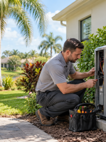 HVAC technician inspecting an outdoor air conditioner for AC repair in Hillsborough County, Florida.