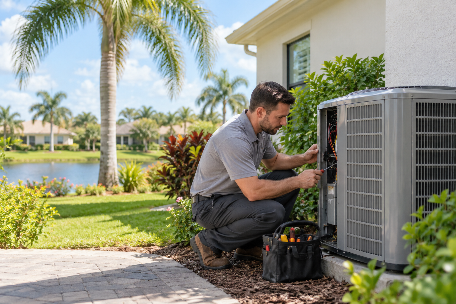 HVAC technician inspecting an outdoor air conditioner for AC repair in Hillsborough County, Florida.