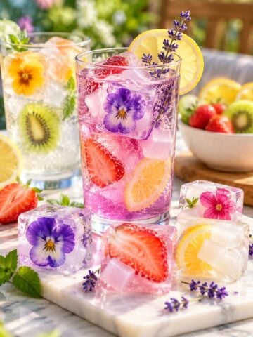 Aesthetic ice cubes with edible flowers, strawberries, citrus, kiwi, and coconut jelly served in colorful sparkling summer drinks.
