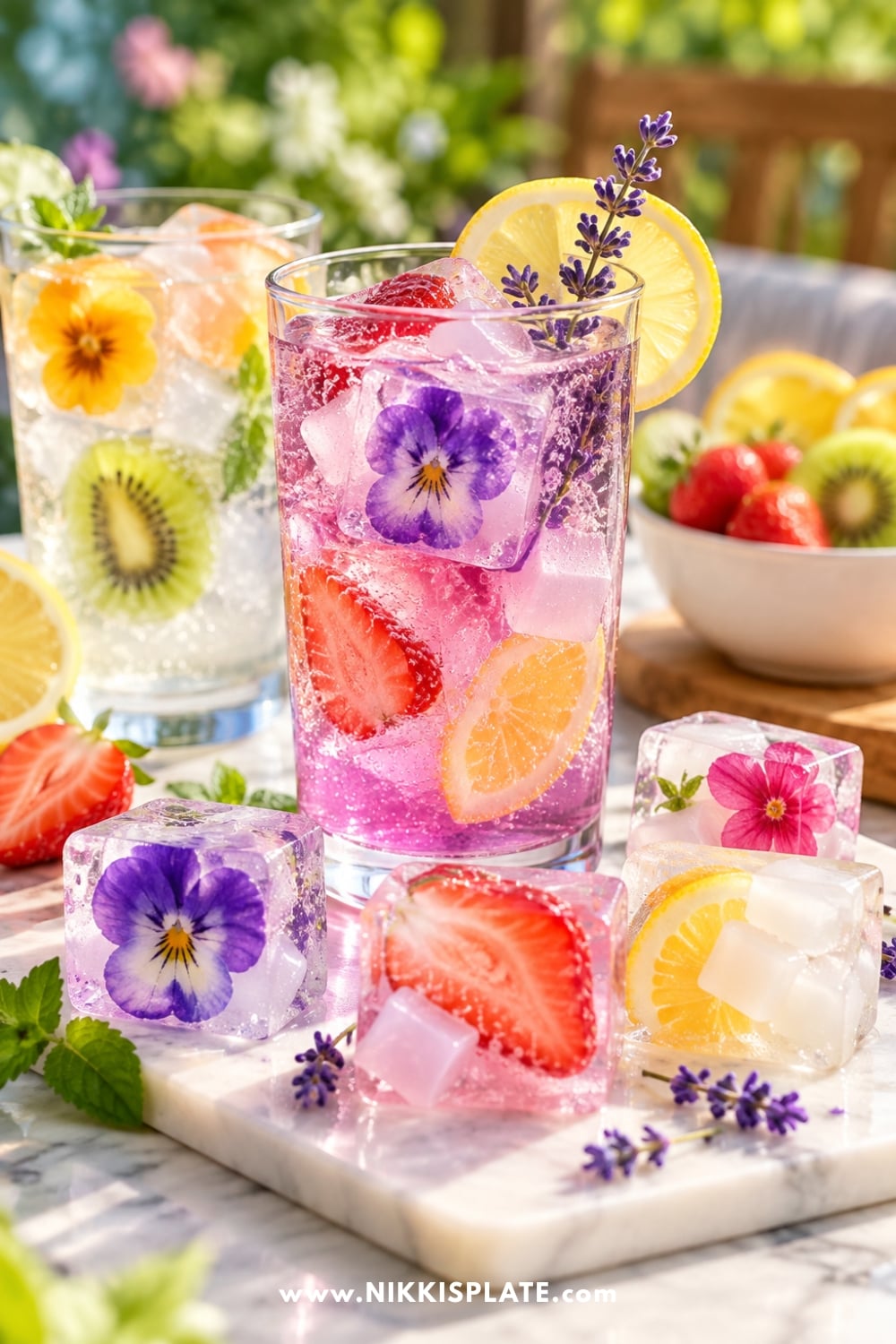 Aesthetic ice cubes with edible flowers, strawberries, citrus, kiwi, and coconut jelly served in colorful sparkling summer drinks.