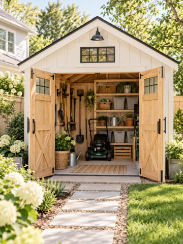 White backyard storage shed with open double doors, organized garden tools, shelving, and lawn equipment in a landscaped yard.