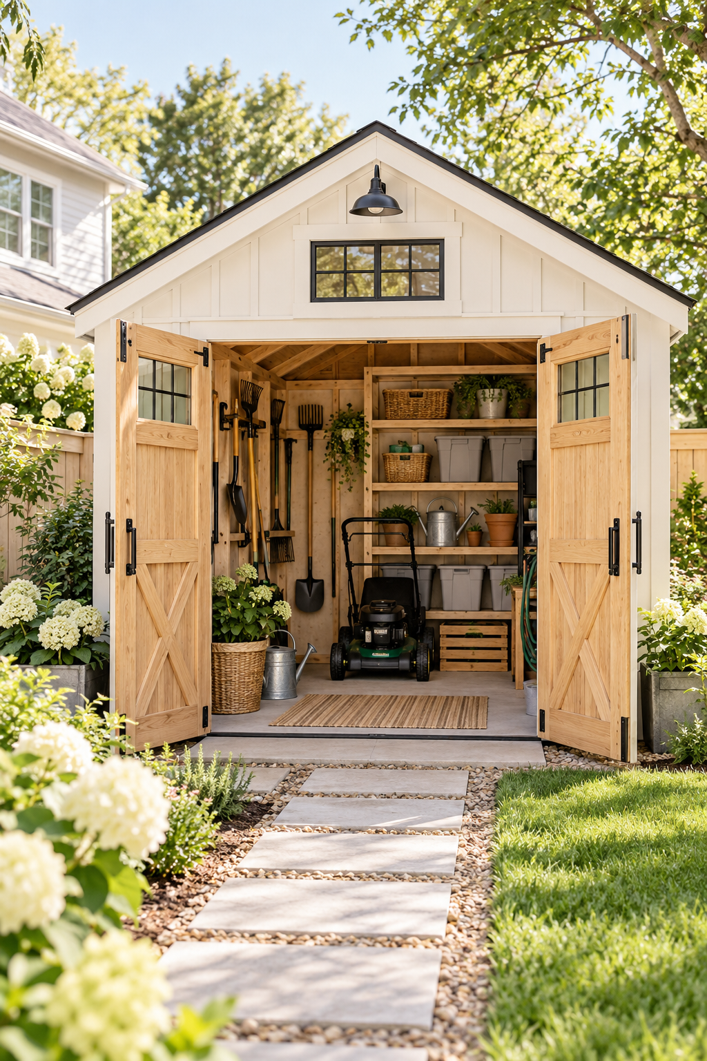 White backyard storage shed with open double doors, organized garden tools, shelving, and lawn equipment in a landscaped yard.