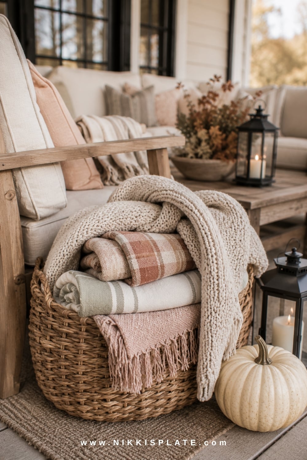 Woven basket filled with cream, rust, sage and blush blankets beside a cozy fall patio chair.