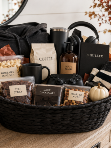 Boo basket for men filled with cozy gifts, snacks, coffee, grooming products and tech accessories.