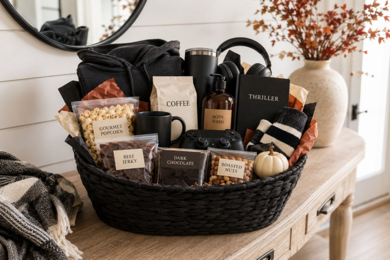 Boo basket for men filled with cozy gifts, snacks, coffee, grooming products and tech accessories.