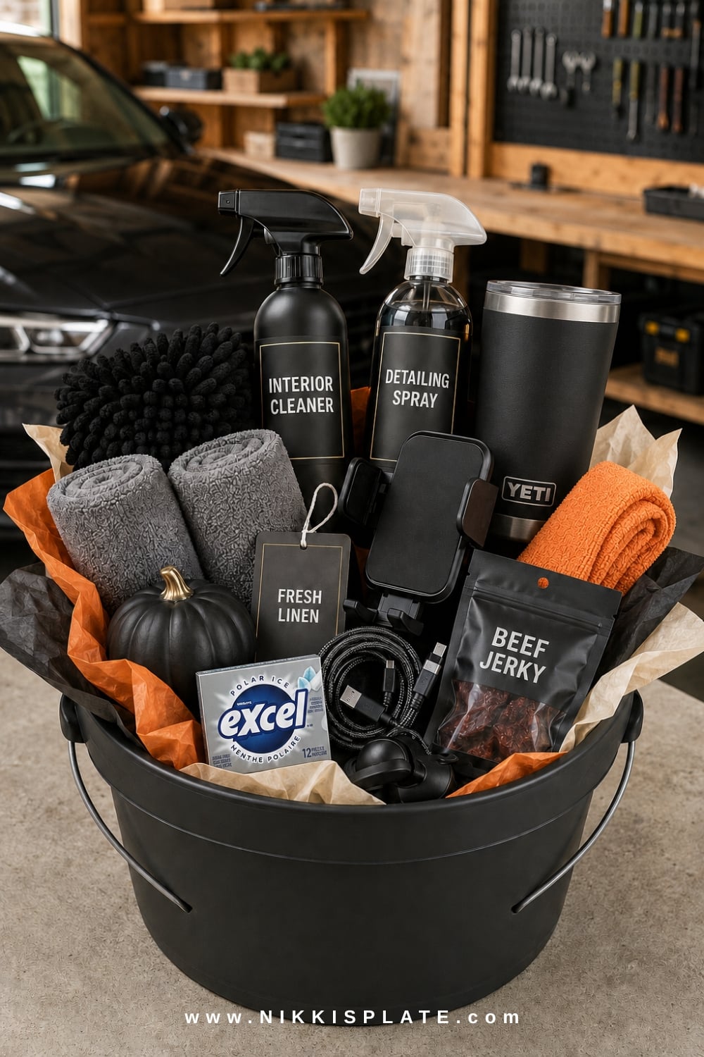 Practical car guy boo basket for him with detailing products, microfibre cloths, a wash mitt and road-trip snacks.