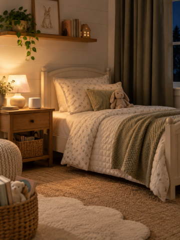 Cozy child's bedroom with breathable bedding, soft lighting, and a calm nighttime atmosphere designed to support a comfortable sleep environment.
