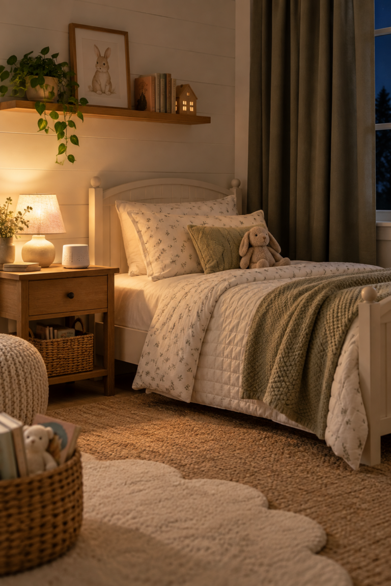 Cozy child's bedroom with breathable bedding, soft lighting, and a calm nighttime atmosphere designed to support a comfortable sleep environment.
