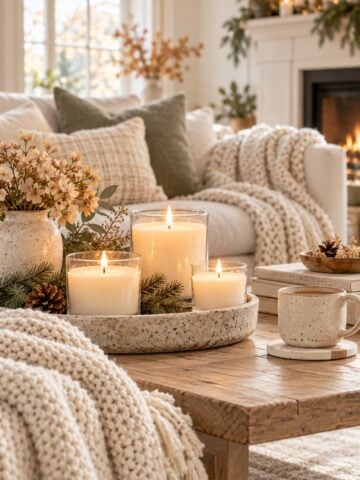 Clean-burning candles glowing on a coffee table in a cozy neutral living room with soft blankets, seasonal greenery, and warm decor.