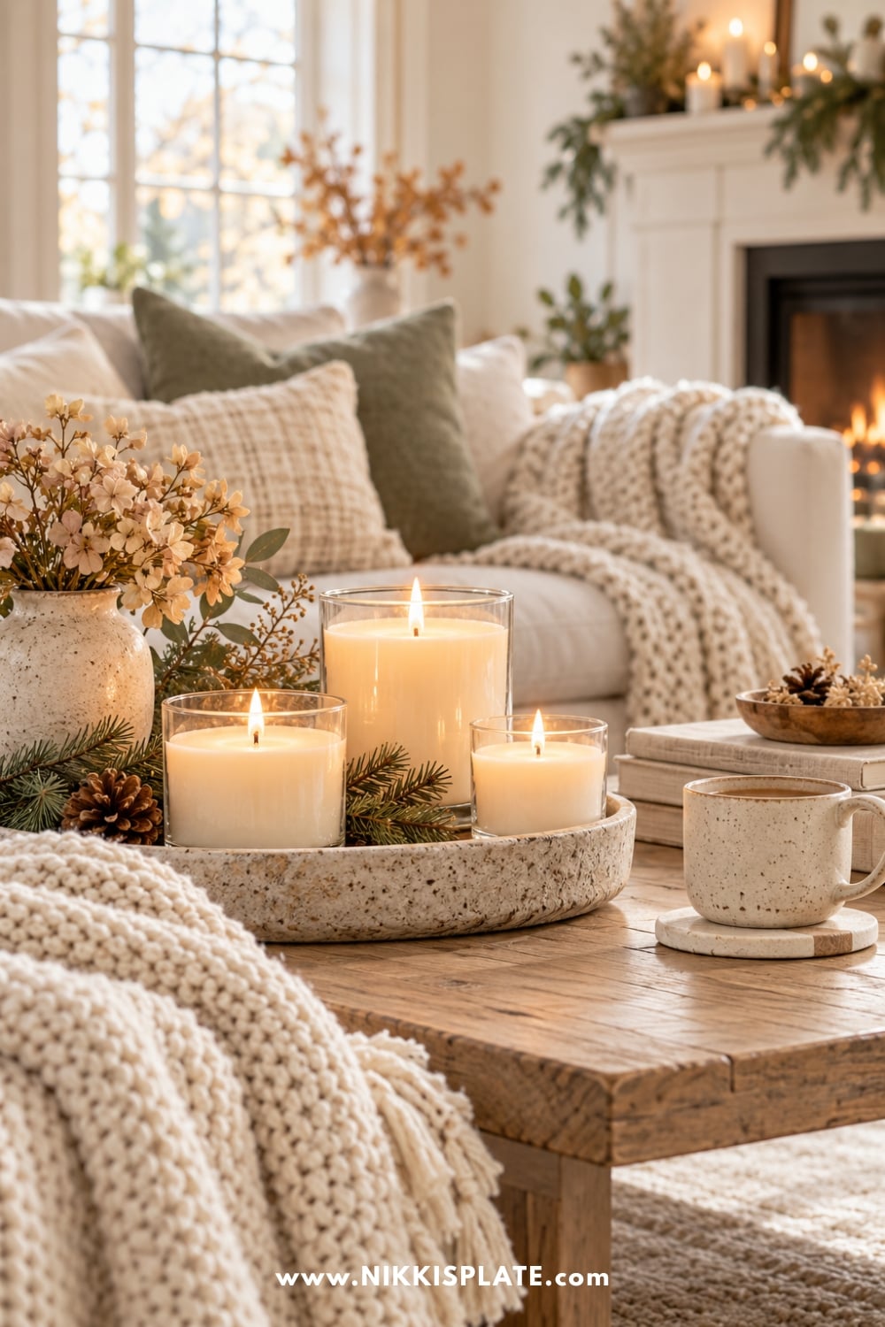 Clean-burning candles glowing on a coffee table in a cozy neutral living room with soft blankets, seasonal greenery, and warm decor.