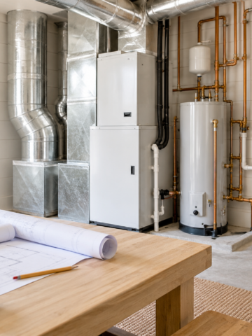 Modern HVAC, plumbing, and electrical systems coordinated inside a bright farmhouse mechanical room.