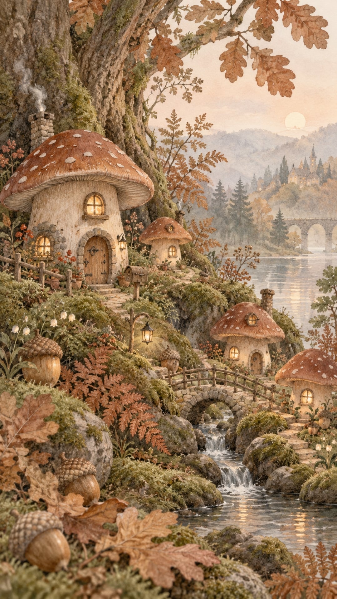 Cottagecore fall iPhone wallpaper with tiny mushroom houses, acorns and autumn ferns.