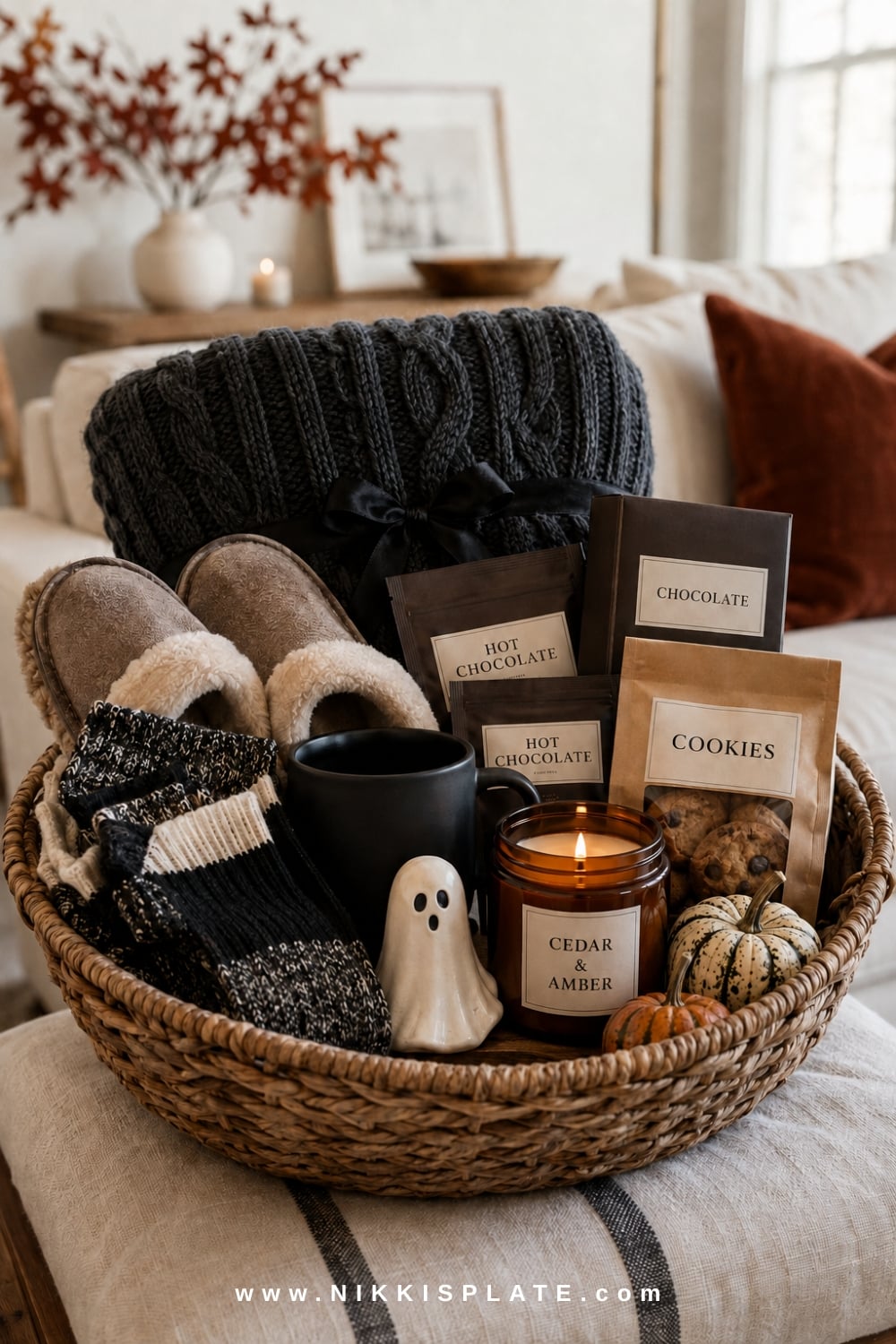 Cozy night-in boo basket for him with a charcoal blanket, slippers, black mug, candle and fall treats.